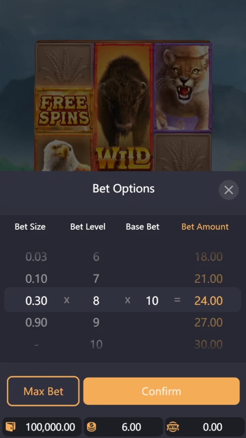 Buffalo Win demo bet options panel