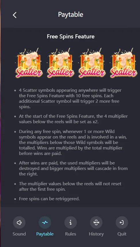 Cocktail Nights free spins feature triggered by four scatters