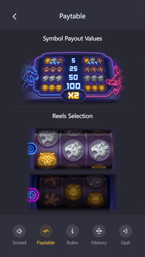 Dragon Tiger Luck paytable and reel selection