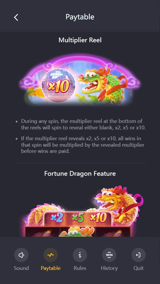 Fortune Dragon multiplier reel x2 x5 x10