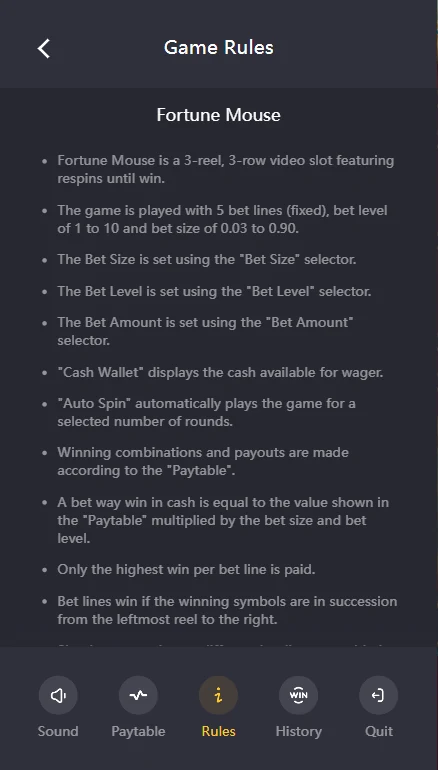 Fortune Mouse bet size and level rules