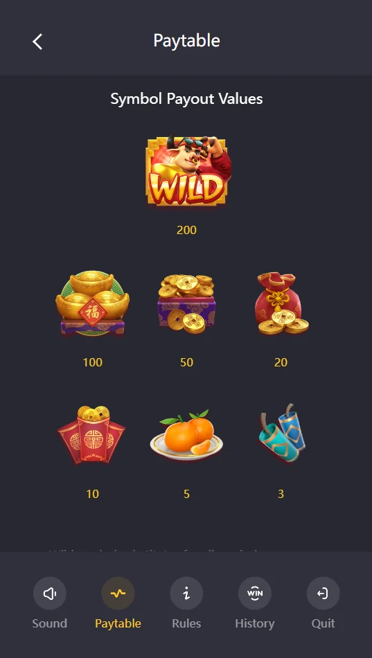 Fortune Ox paytable symbol payouts