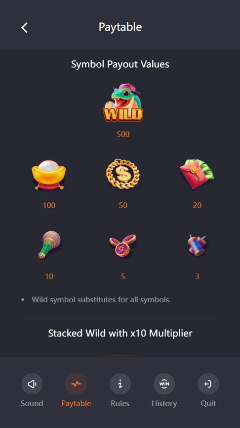 Fortune Snake paytable seven symbol values