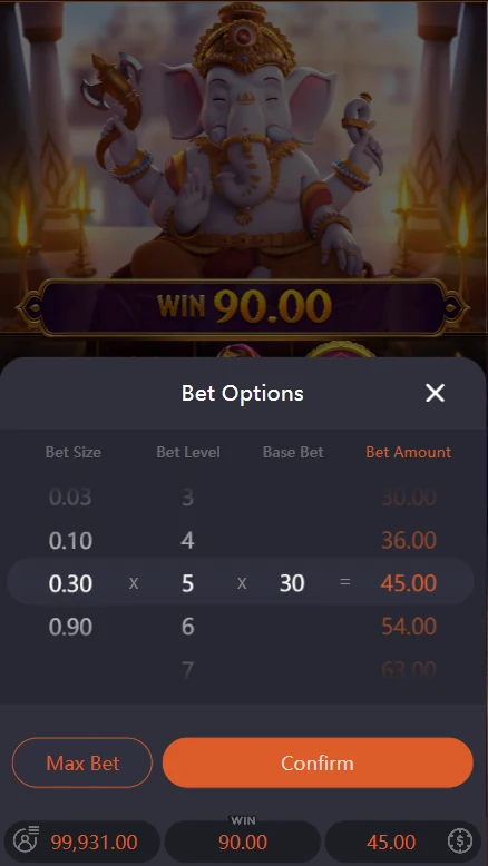 Ganesha Gold bet options size and level