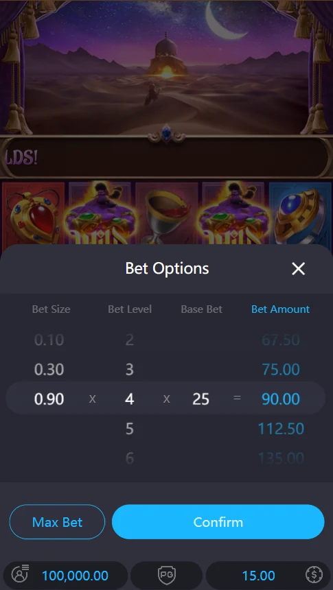 Genie's 3 Wishes bet options base bet