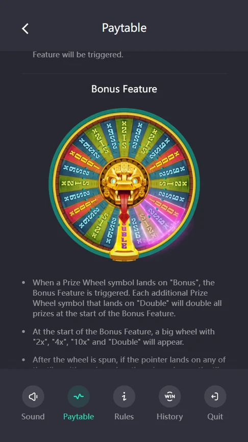 Mayan Destiny bonus wheel in paytable