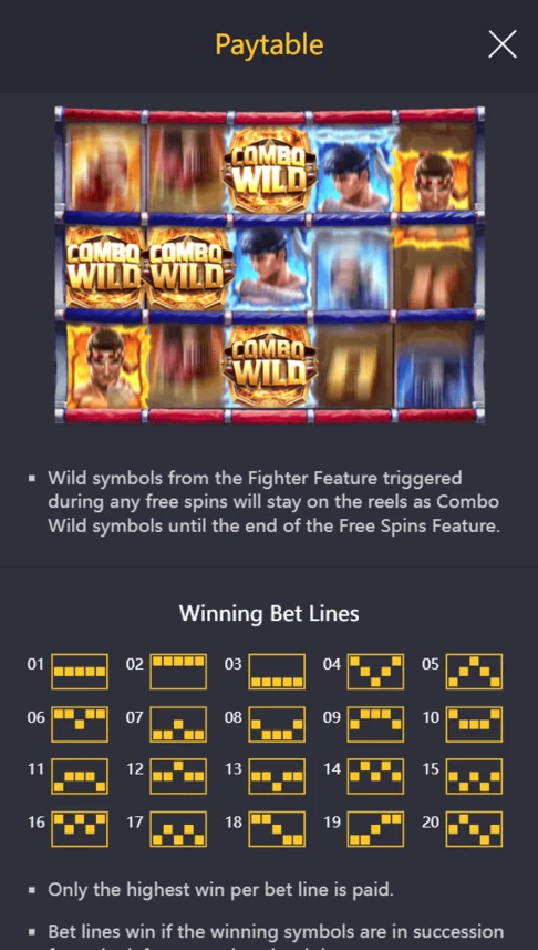 Muay Thai Champion 20 paylines Combo Wilds