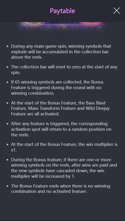 Rave Party Fever bonus feature 65 symbols