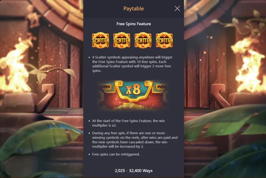 Treasures of Aztec free spins feature with 4 scatters