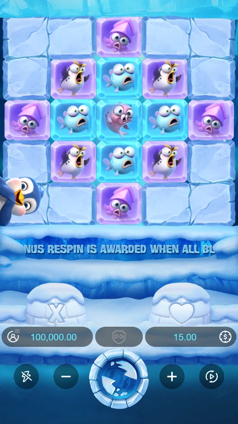 Penguins on the board between ice blocks