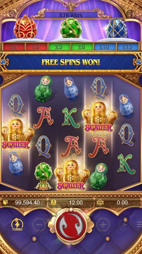 Three golden matryoshka scatters land